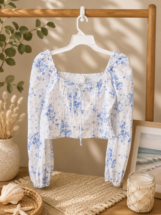Joie Tops - Joie Linen Blend Blue Floral Puff Sleeve Corset Crop Top Medium